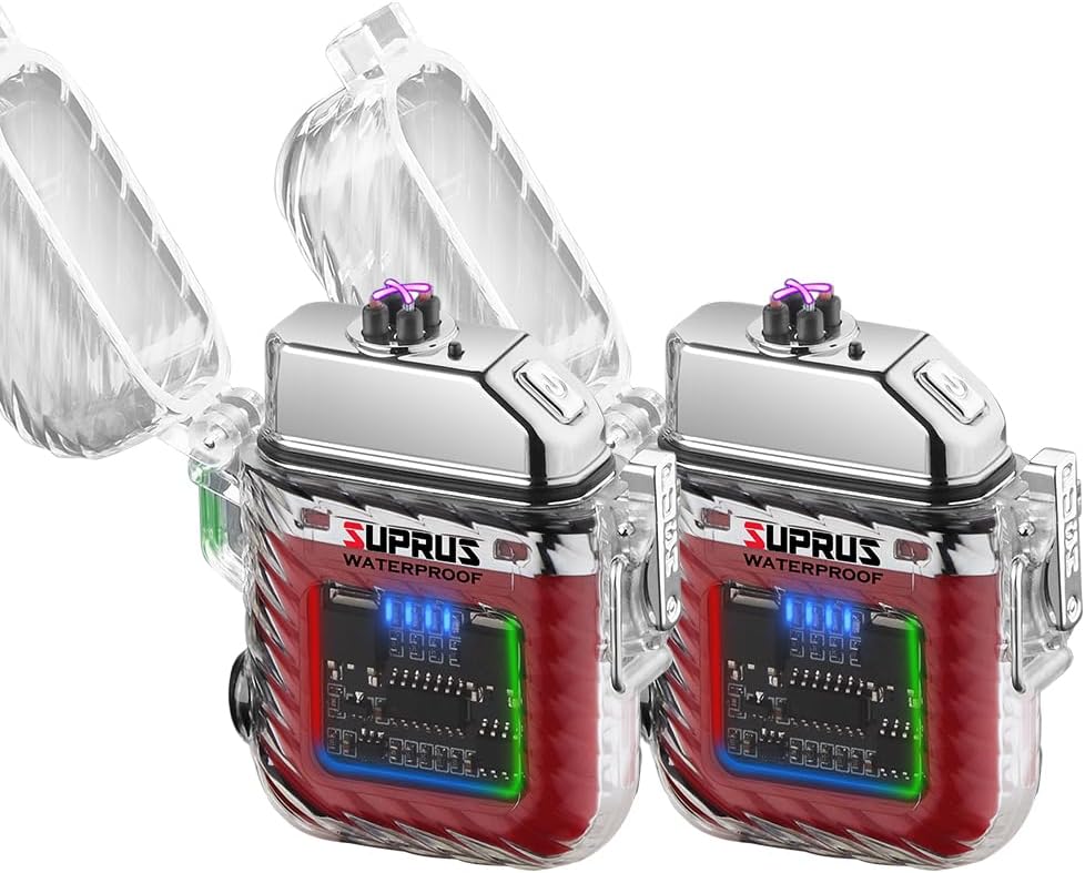 SUPRUS Waterproof Luminous Lighter of Flashlight Windproof Arc Electric Lighters Rechargeable Dual Arc Plasma (Sliver, 2Packs)