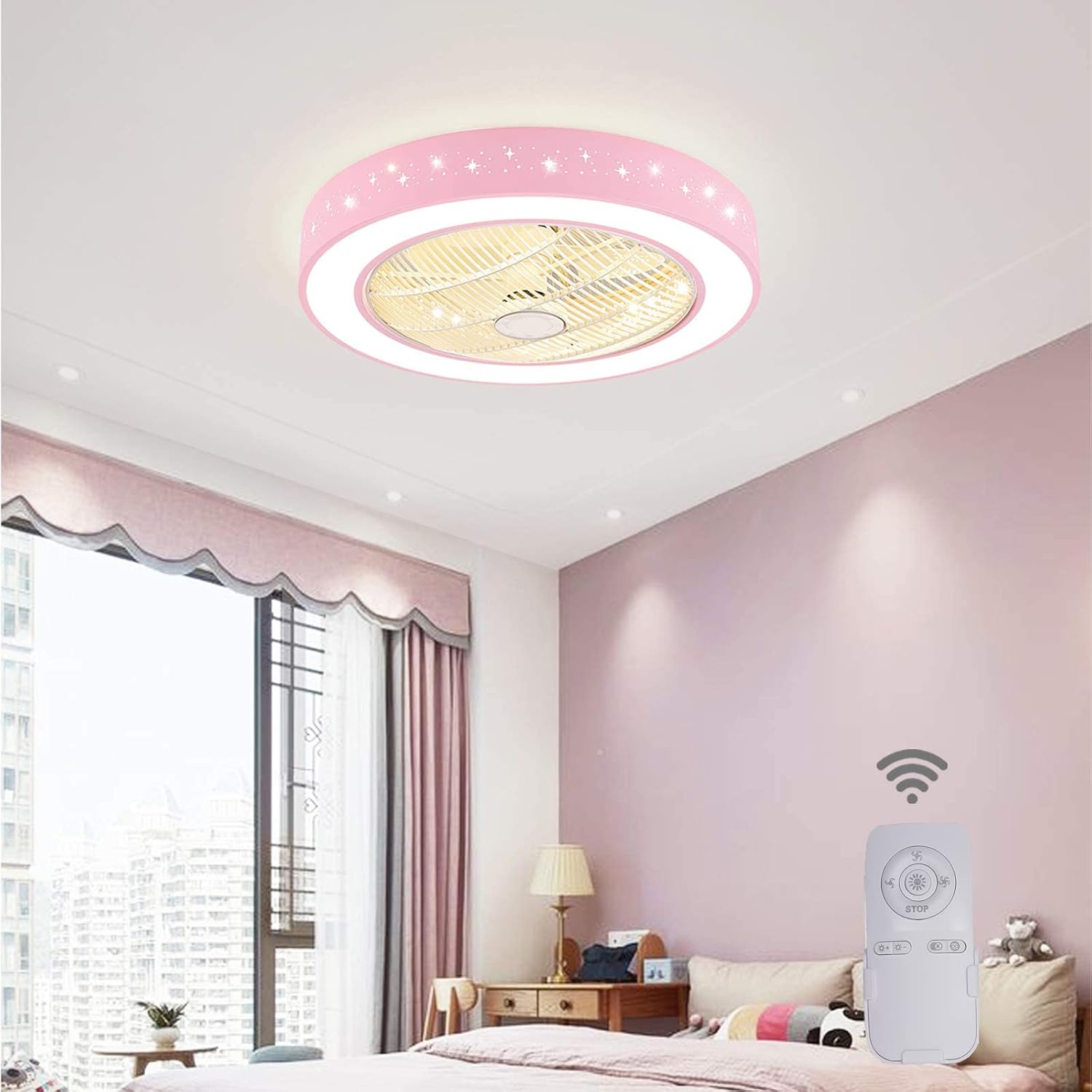 TFCFL 22" Invisible Ceiling Fan with Light, Modern Round Semi Flush Mount Chandelier Fan Drum Shaped Star Pattern with Controller Tri-Color 3 Speed Hidden Blades for Kids Bedroom (Pink)