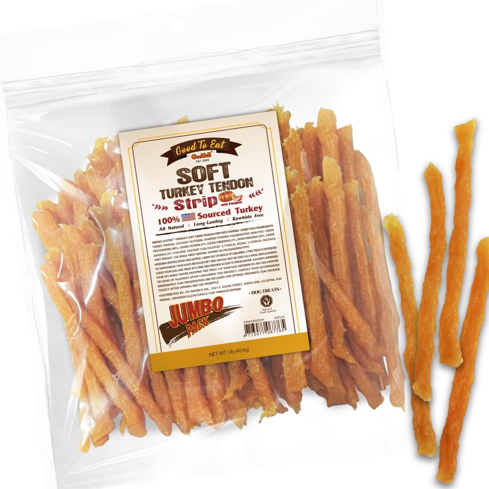 Gootoe Soft Turkey Tendon Stirip with Pumpkin 1 lb, Natural Chewy Snack, USA-Sourced Turkey Tendon, Premium Training Chew, Reseal Value Bag, Ideal for Small & Senior Dogs, Jumbo Pack