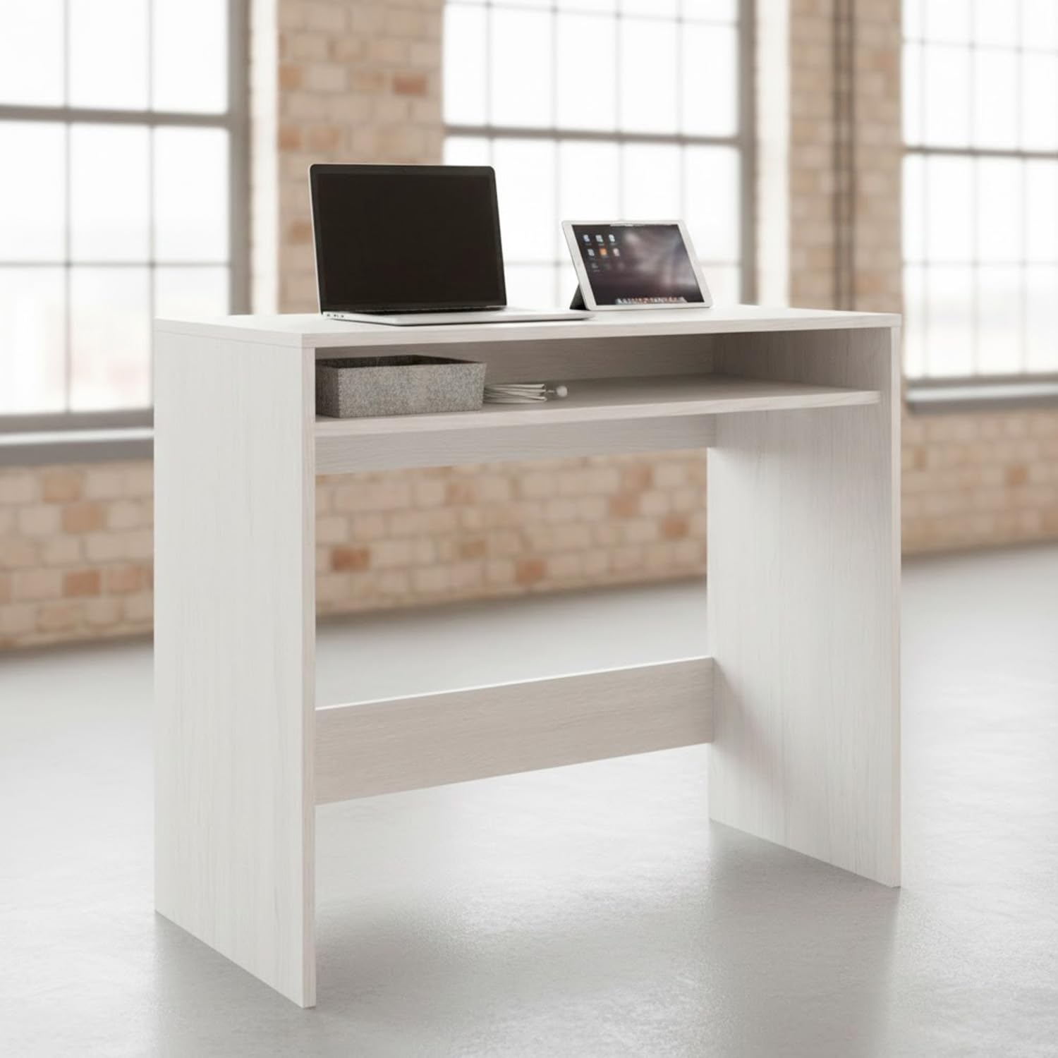 Arreditaly Scrivania Da Studio Compatto Tavolo Con Vano Portaoggetti Integrato Design Moderno Per Home Office Cameretta E Smart Working 79 x 43 x 78 Cm Bianco Frassino