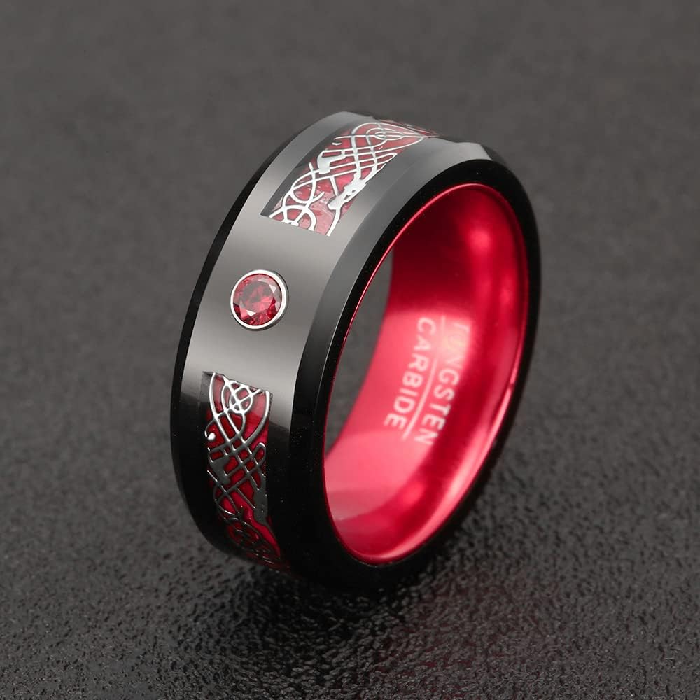 TUNGSTORY Mens Tungsten Wedding Bands - 8mm Celtic Dragon Ring Black and Red Ring with Carbon Fiber and CZ Inlay Beveled Edges Comfort Fit Size 6-16 - Image 2