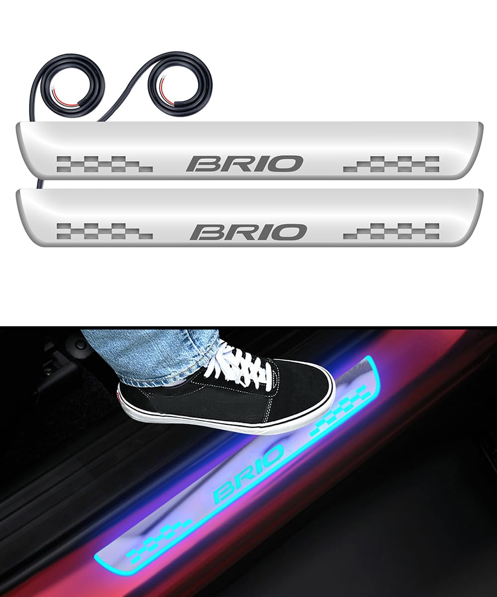 FABTEC Car Door Foot Step Sill Plate with Mirror Finish LED Sill Plate Compatible with Honda Brio Set of 2pc, Blue (6 Month Warranty)