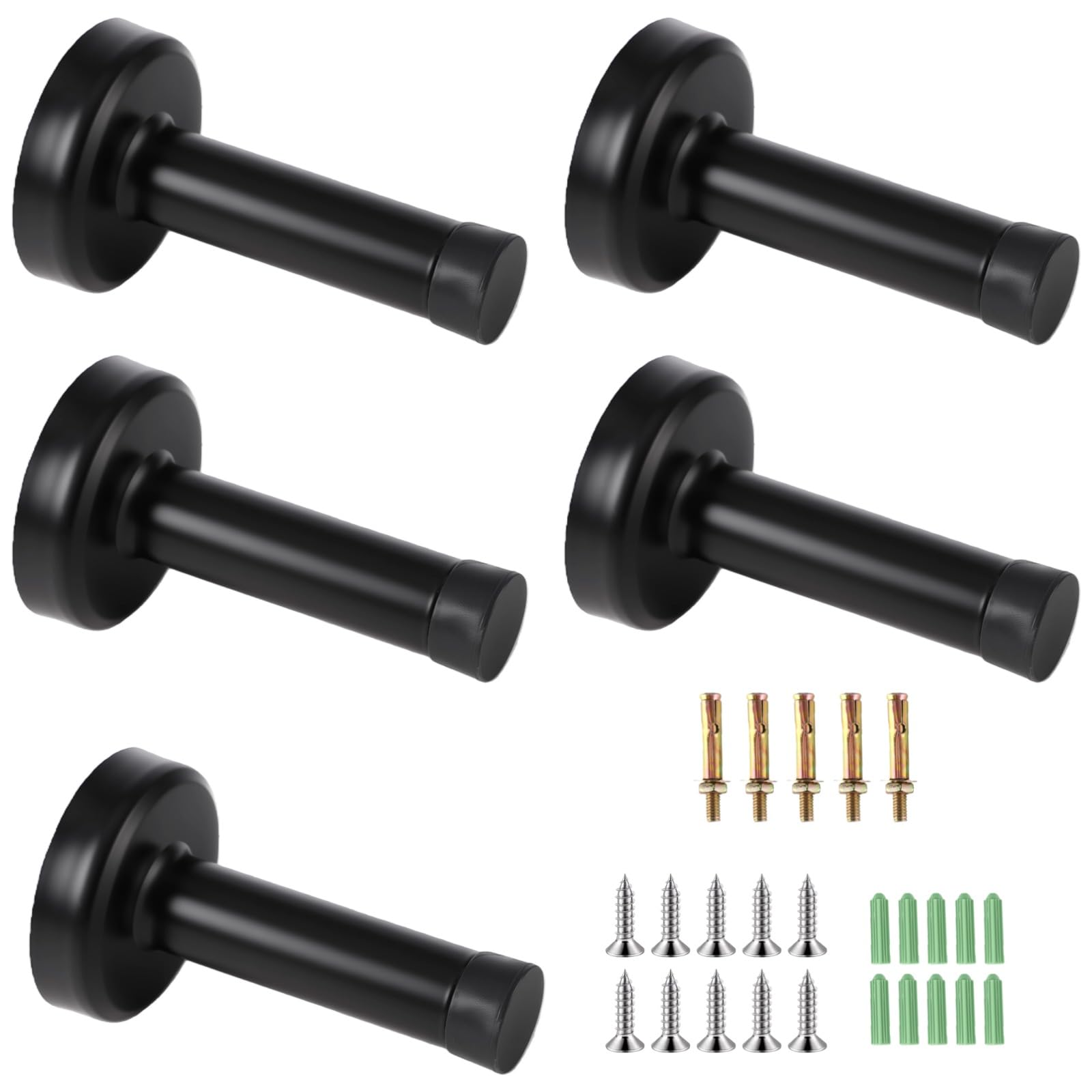 5 Pcs Matte Black Door Stops, 75mm Heavy-Duty Door Stoppers with Rubber Tips and Concealed Screws, Stainless Steel Wall Protectors, Modern Decorative Doorstops for Home, Office