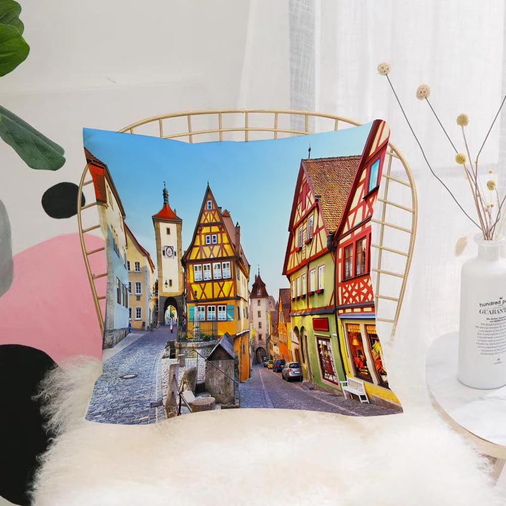 HYMSXW Cushion Cover,Throw Pillow Case Home Decorative for Living Room Bedroom Sofa Chair 20X20 Inch,German, Rothenburg ob der Tauber Bavaria Germany famous street with colorful cl,Pillowcase 50X50cm