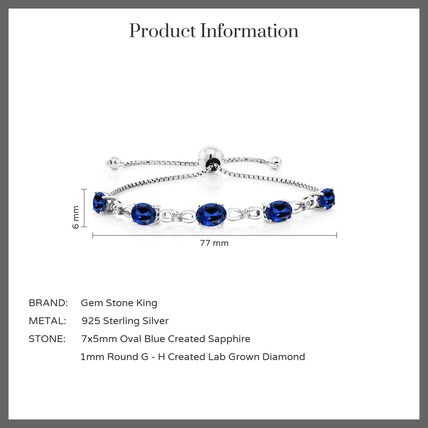 Gem Stone King 3-6 Cttw Gemstone Birthstone and Accent Lab Grown Diamond Tennis Bracelet For Women | 925 Sterling Silver | 7X5MM Oval | Adjustable Bolo Bracelet For Women | Easy-On Easy-Off