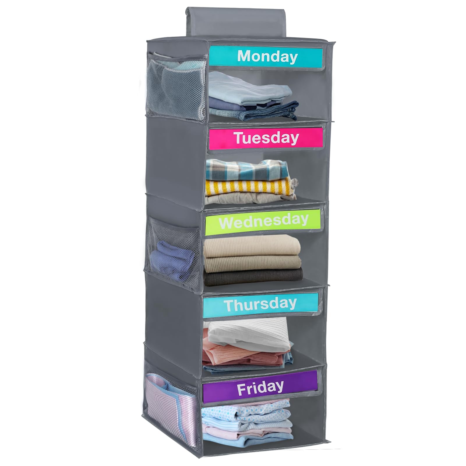 Weekly Clothes Organizer for Kids, Days of The Week Clothes Organizer with 6 Side Pockets, 5-Shelf Hanging Closet Organizer with Monday Through Friday