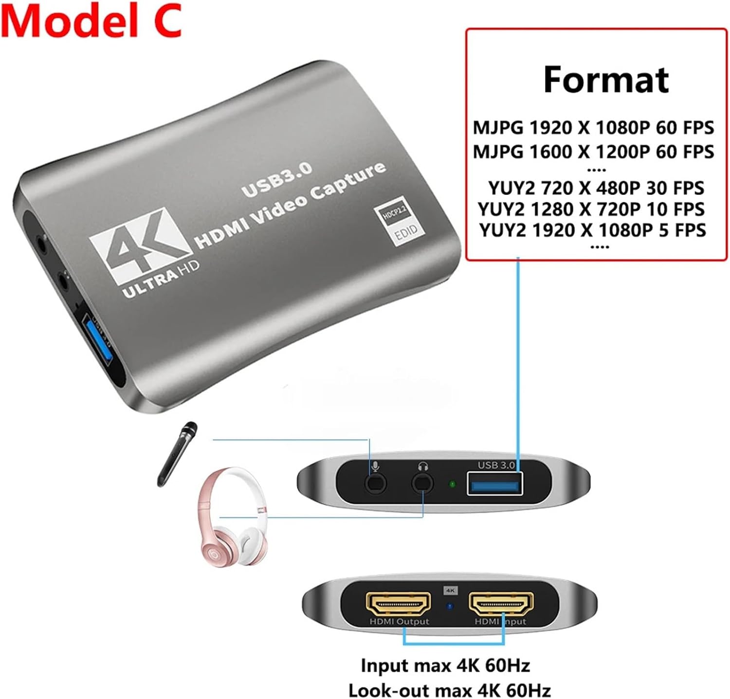 4K Recoding Capture Card 4K USB C to HDMI with Audio Mic Streaming for PS*5 4 Nin*tendo Switch Camera Video Game Capture Box(C Max 1080P 30Hz)