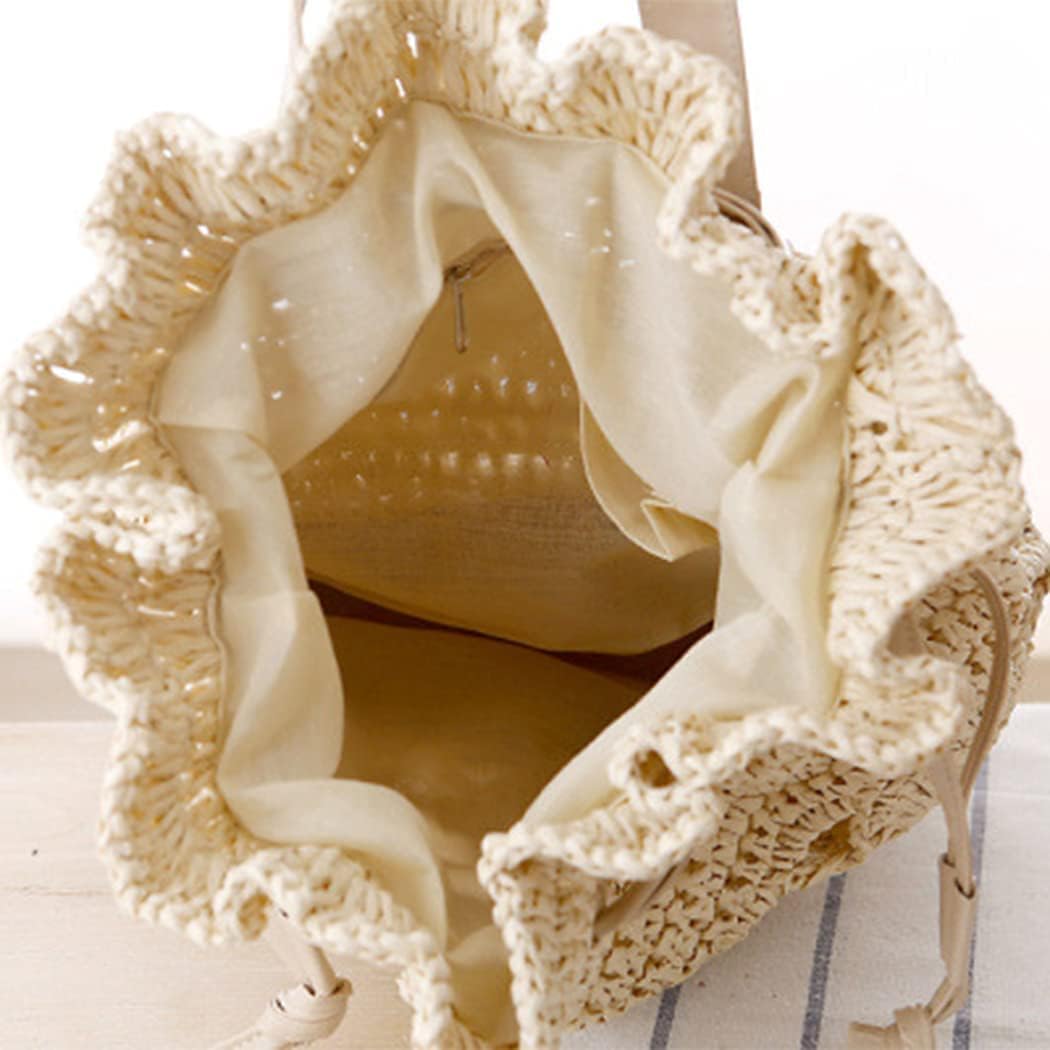 Women Knapsack Crochet Woven Straw Backpack with Leather Straps Shoulder Bags Drawstring Backpack Summer Holiday Beach Tote Beige Rucksack - Image 7