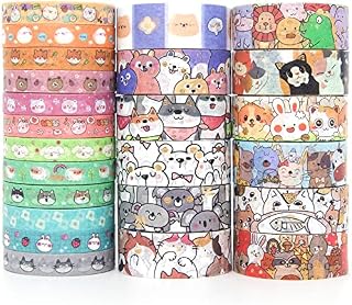 Voolcaoo Cute Washi Tape Set - 24 Rolls Kawaii Animals Gold Foli Decorative Masking Tape for Scrapbooking, Kids DIY Crafts, Art, Wrapping(Puppy&Cat), Aesthetic Supplies, Planners, Bullet Journal