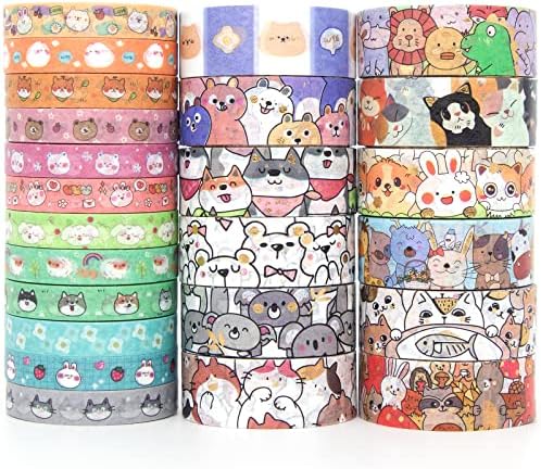 Voolcaoo Cute Washi Tape Set - 24 Rolls Kawaii Animals Gold Foli Decorative Masking Tape for Scrapbooking, Kids DIY Crafts, Art, Wrapping(Puppy&Cat), Aesthetic Supplies, Planners, Bullet Journal