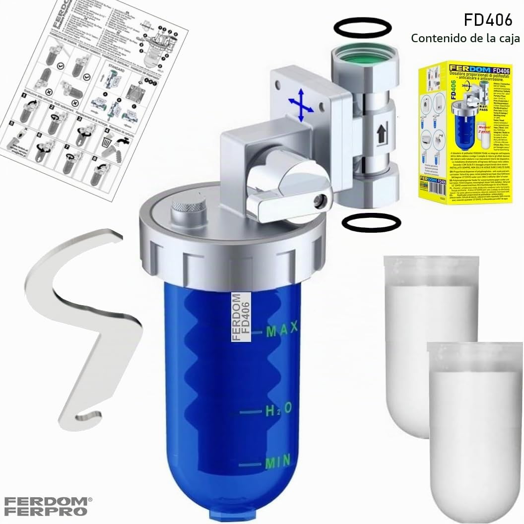 FERDOM UK- Dispensador Proporcional De Polifosfatos: Antiescala Y Anticorrosión. Válvula Y By-Pass. Cabeza De Latón, Recipiente San, Conexiones Ajustable 1/2 "(DN15). Recarga Para 40m3 De Agua. FD406