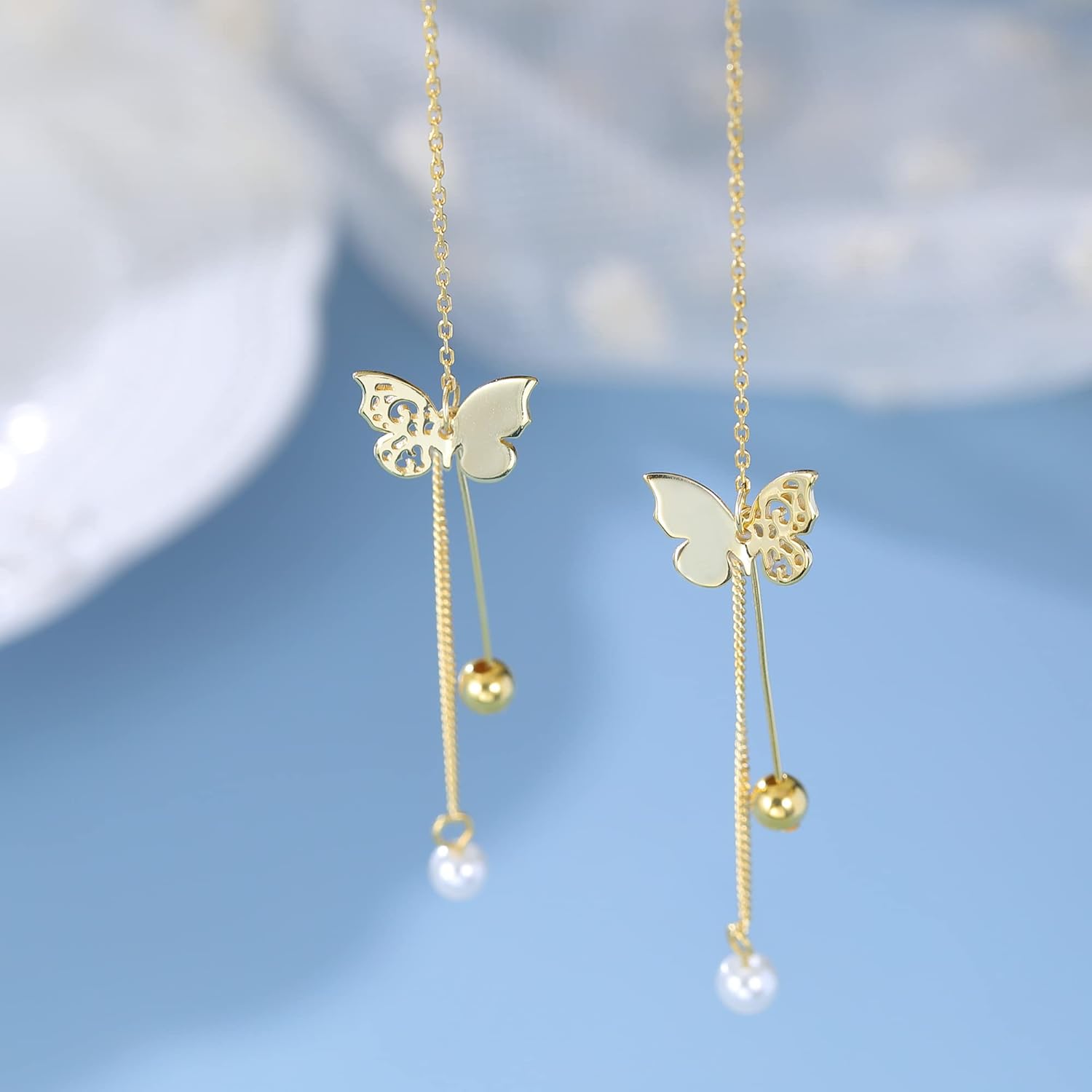 SLUYNZ Sterling Silver Butterfly Threader Earrings Dangle Chain for Women Teens Pearl Long Dangle Earrings Tassel - Image 5