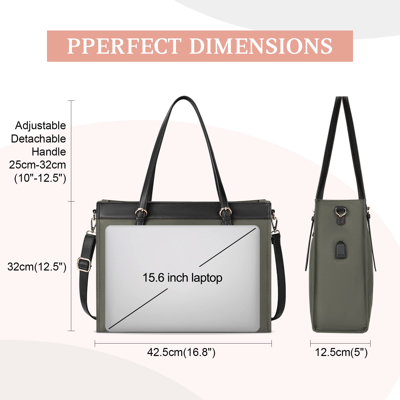 KTMOUW Bolsos Universidad Mujer Impermeable Bolso para Ordenador Portatil 15.6 Pulgadas Grandes Shopper Bolsos con Puerto de Carga USB 2 Piezas Negro Gris Oscuro