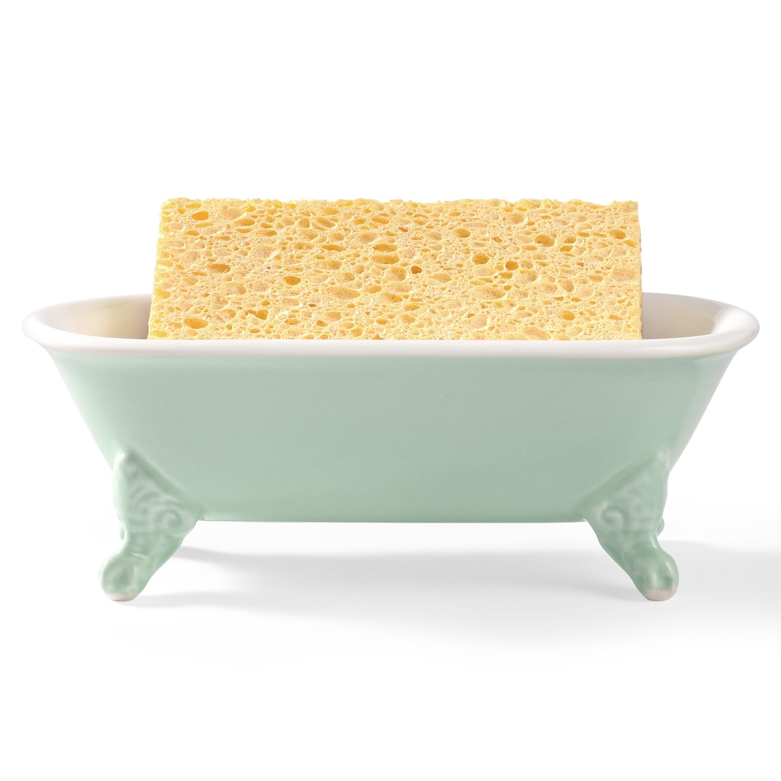 NEWHENGS 6.5" Ceramic Mini Decorative Clawfoot Bathtub Bar Soap Dish, Kitchen Sponge Holder and Shower Tray for Bathroom, 1 Pack(Bright Teal)