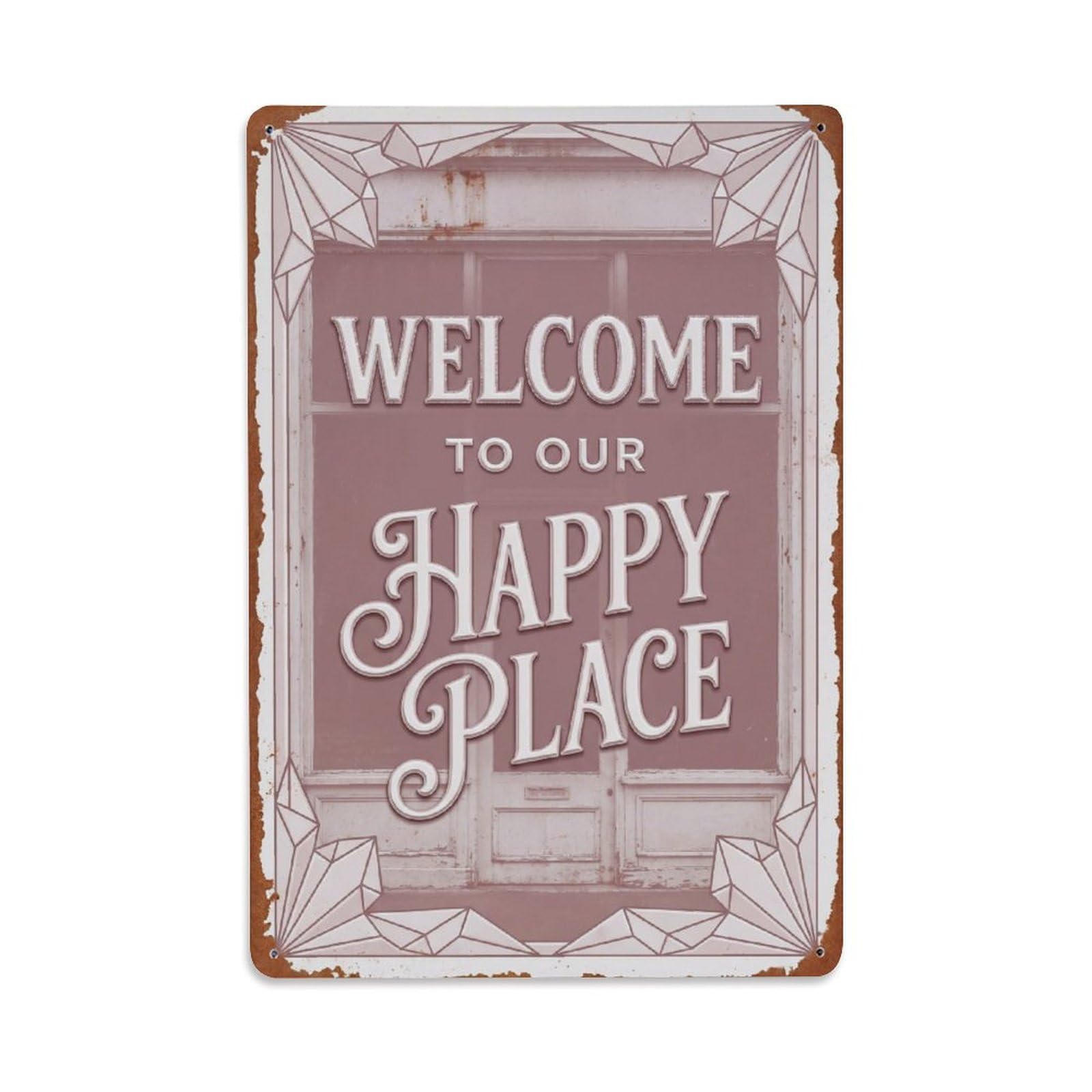 Okngb Style Quartz Crystal Welcome Happy Place Leafy Border Gate Metal Tin Sign Plaque Wall Decor For Cafe, Man Cave, Club Bar, Office, Home Garden Round Metal Poster 8X12inch