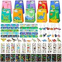 Dino Party Mitgebsel Kindergeburtstag, Party Gastgeschenke Kinder, Give Aways Kindergeburtstag Jungen mit Dino Schlüsselanhänger Schnapparmband Geschenktüte Mini Dinos Figuren und Tattoo Aufkleber