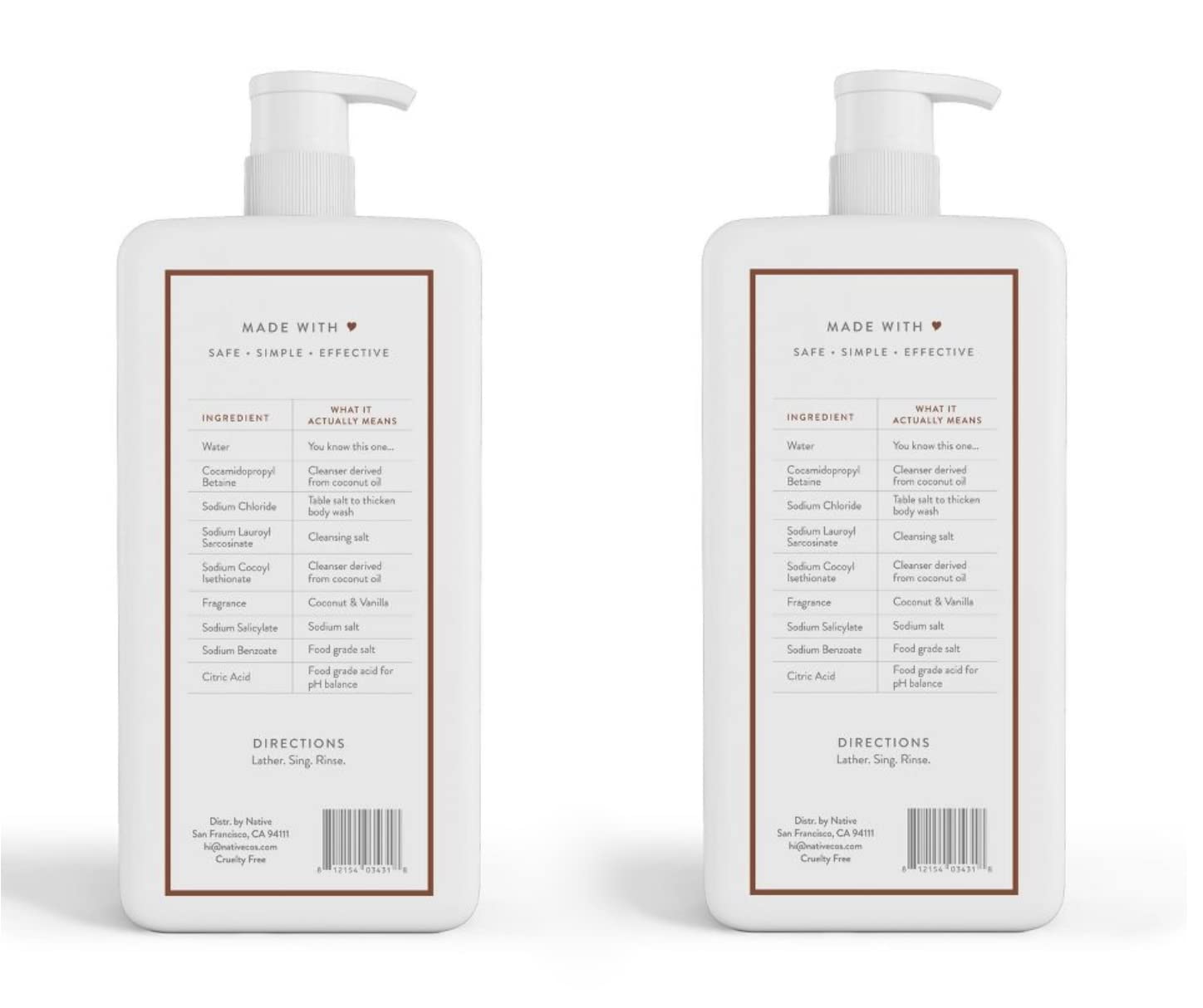 Native Body Wash for Women, Men | Sulfate Free, Paraben Dye with Naturally Derived Clean Ingredients, 36 oz bottle pump- 2 Pack (Coconut & Vanilla) 72.0 Fl Oz