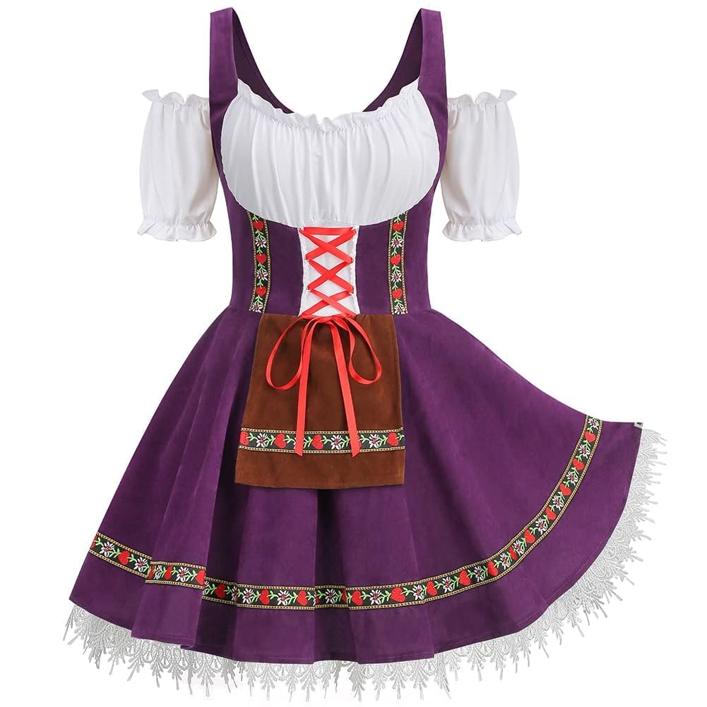 maxToonrain Oktoberfest Outfit Women Purple,Women's German Beer Bavarnian Traditional Short Sleeve Off Shoulders Halloween Costume Fancy Dress for Womens(Purple S)