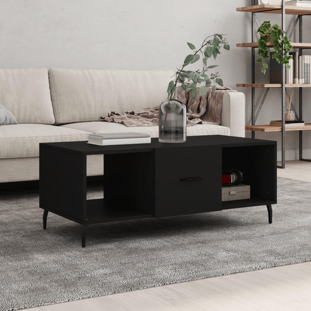 Table basse design industriel en bois d'ingénierie noir et piétement en fer mat
