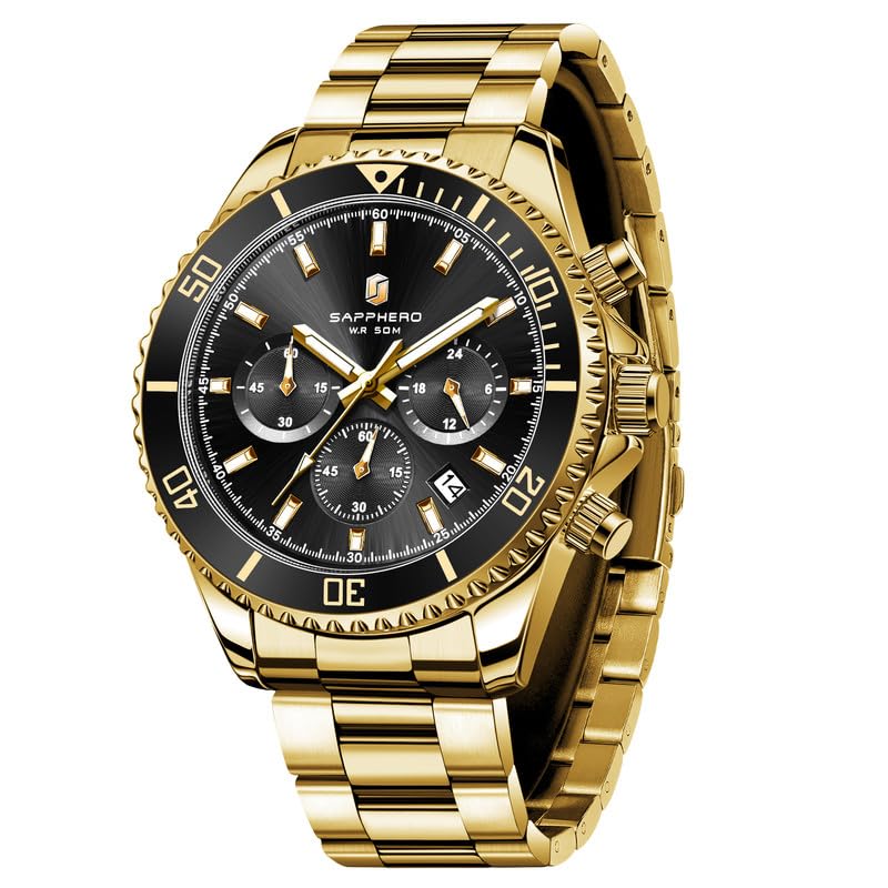 sapphero Mens Watches Stainless Steel Quartz Analog Watch Fashion Business Men's Watch 50 Meter Water Resistant Classic Gold Green Watches Gifts for Men-picture-21