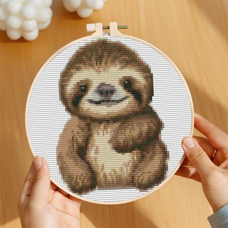 Image of Cartoon Simple Figure Sloth 11CT Stamped Cross Stitch Kits with Hoop Easy for Beginners Child Needlepoint Counted Embroidery Kits Art Craft Wall Decor 12x12IN(3)
