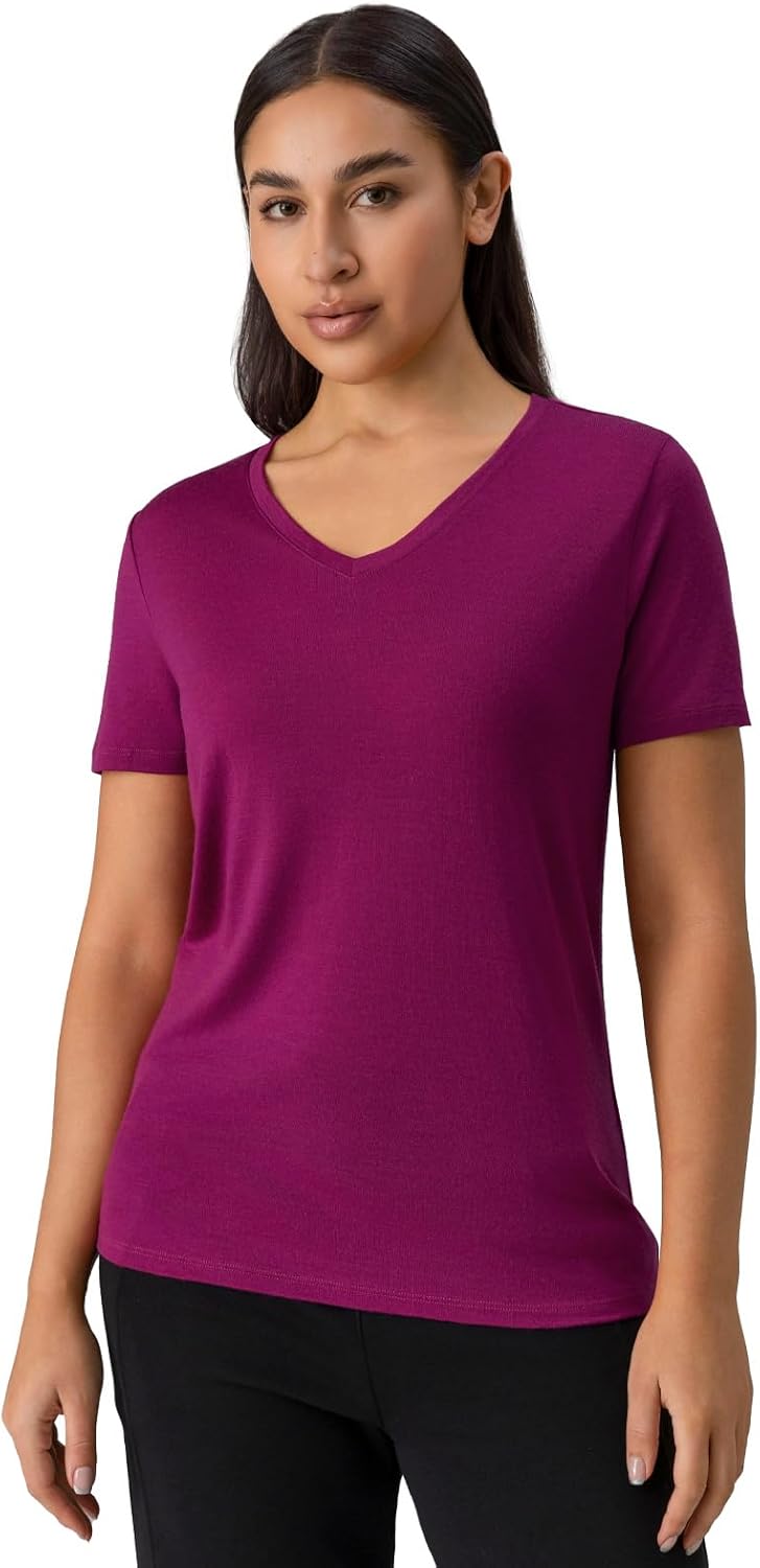 Merino Protect 100% Merino Wool V Neck T-Shirt Women Odor Resistance Short Sleeve Base Layers for Outdoor Sports