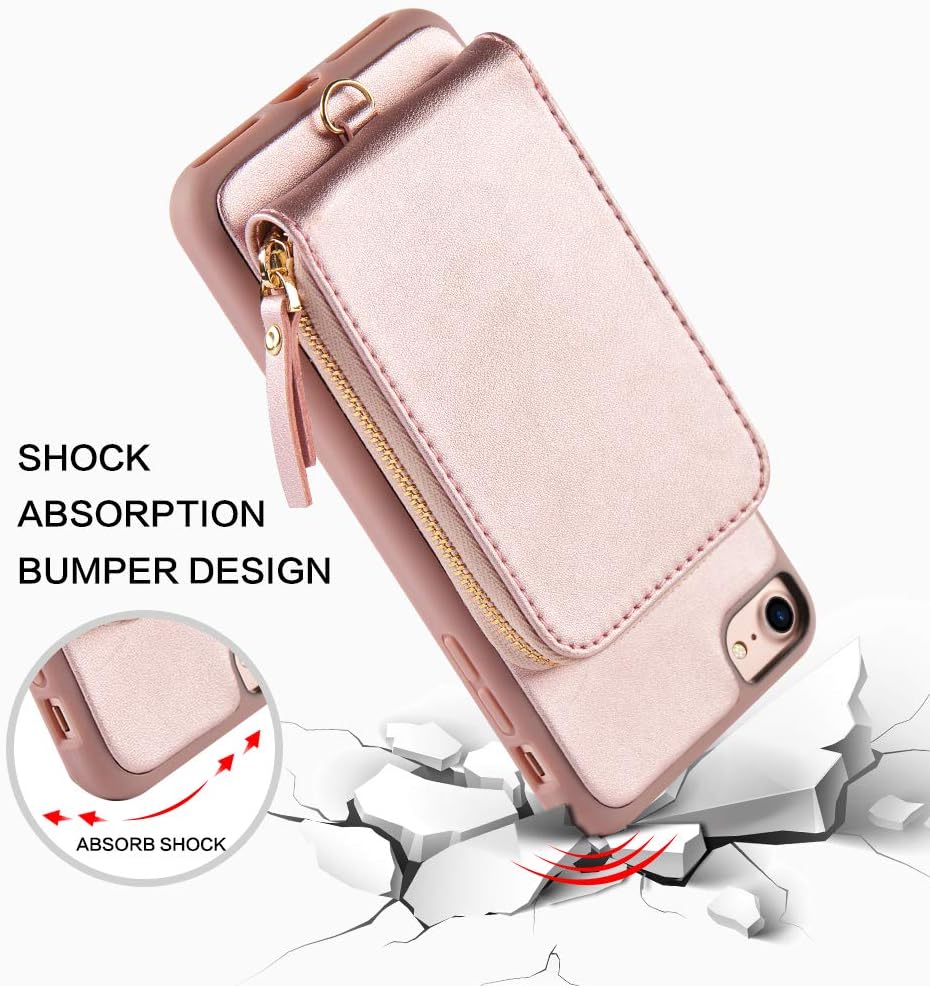 iPhone 8 Zipper Wallet Case, JLFCH iPhone 7 Wallet Case Leather Purse Handbag Case with Lanyard Card Holder Wrist Strap Zipper Closure Back Protective Cove for Apple iPhone 7/8,4.7 inch - Rose Gold