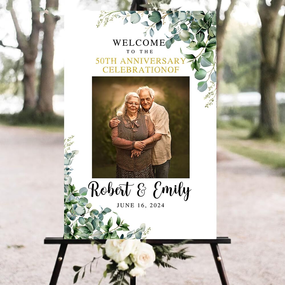 Personalized 50th Anniversary Celebrations Sign With Photo, 50th Anniversary Sign, Anniversary Sign, Golden 50th Anniversary Printed, Greenery Wedding