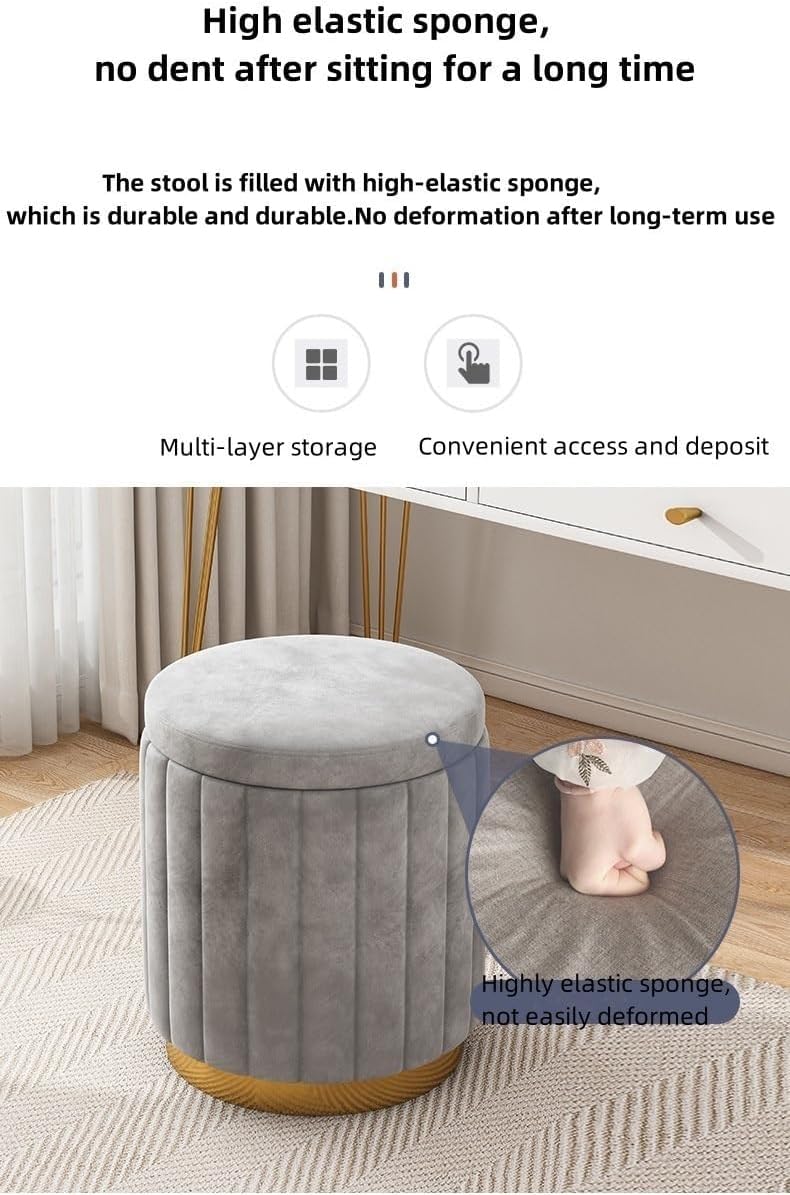 Tabouret Repose-Pieds de Rangement – ​​Tabouret de vanité Rond avec Base en métal, siè rembourré pour Salon Chambre à Coucher, Chaise Repose-Pieds Polyvalente