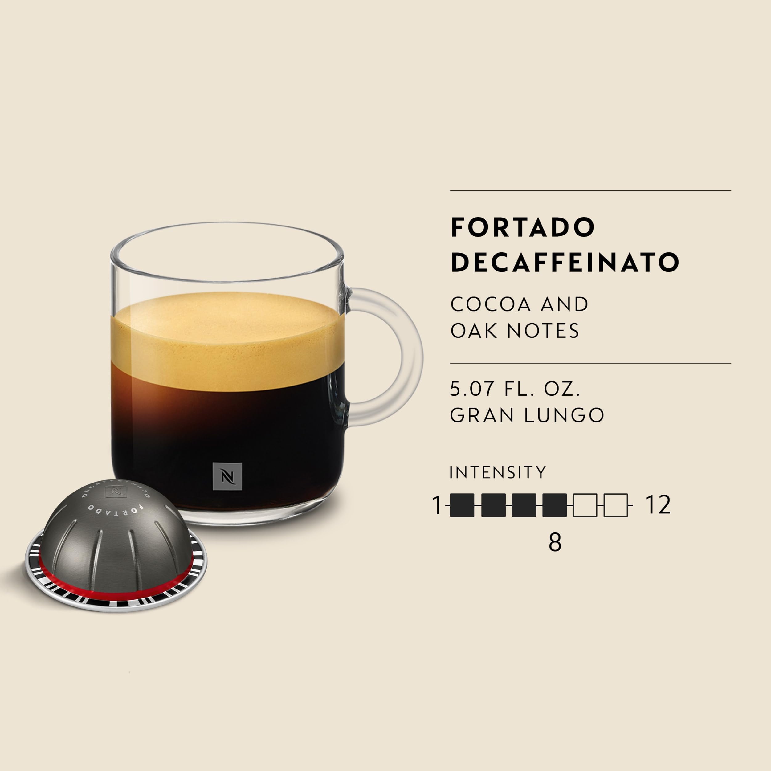 Nespresso Vertuo, Fortado Decaffeinato, Gran Lungo, 30 cápsulas de café | Paquete de 1 cápsula