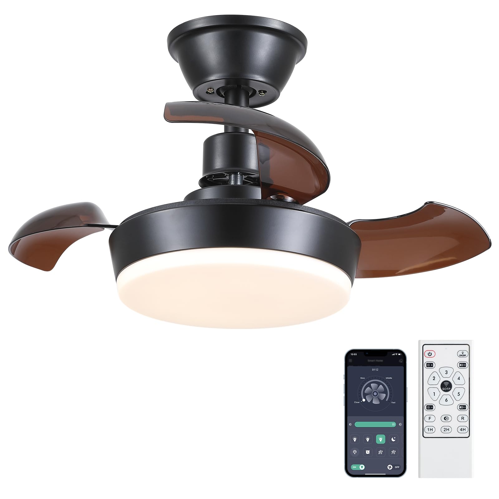 60 cm Ventilateurs de plafond modernes avec lumière et télécommande, ventilateur de plafond noir avec lumière, réversible, petits ventilateurs de plafond sans pales avec lumière LED réglable pour