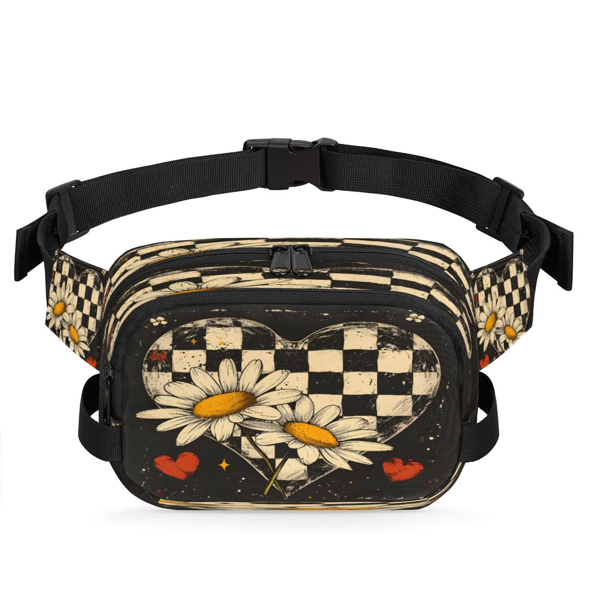 Love Grid Chrysanthemum Waterproof Fanny Pack for Women Men Adjustable Waist Bag with Double Zipper Pockets Lightweight Square Hip Pack for Running Travel Hiking Workout Cycling