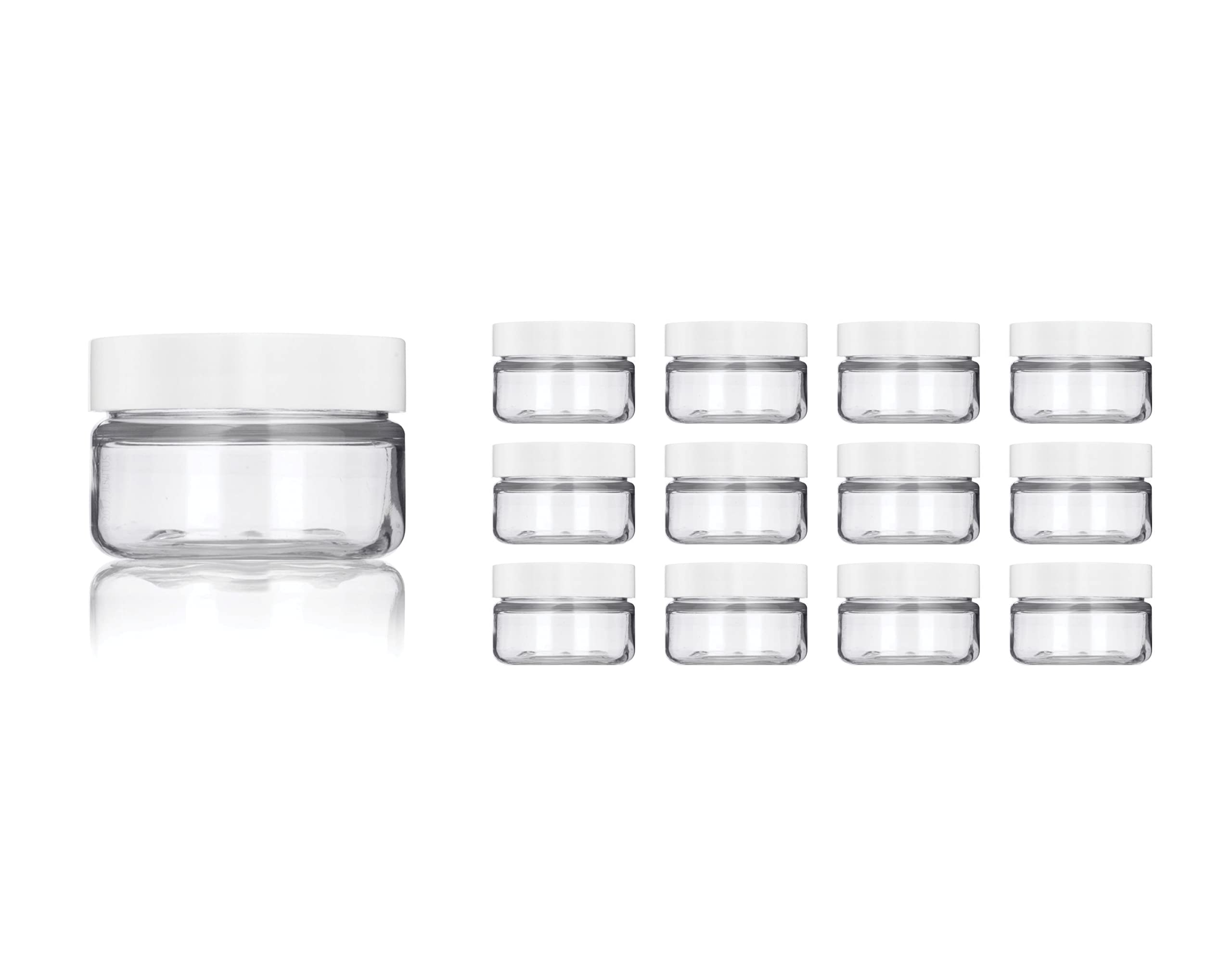 PURENSO Select - 12Pcs of 50ml Clear Basic Plastic Jar with White Straight Top Cap I Refillable Kitchen Storage Containers for Dry Food