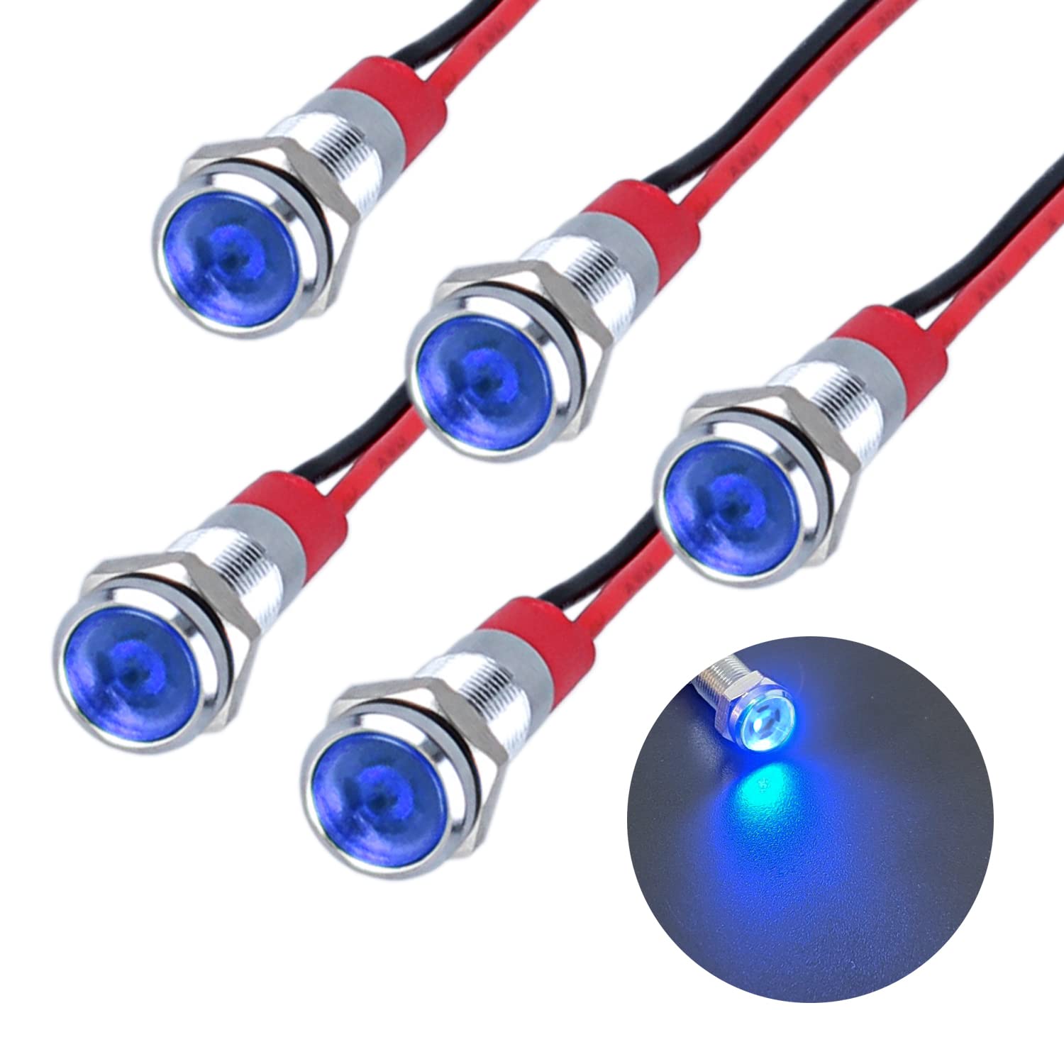 DMWD 5Pcs 12V-24V Energy Saving LED Indicator Light Mounting Hole 6mm (1/4") 20mA Waterproof Wide Flat Head Signal Lamp Pilot Dash Directional with