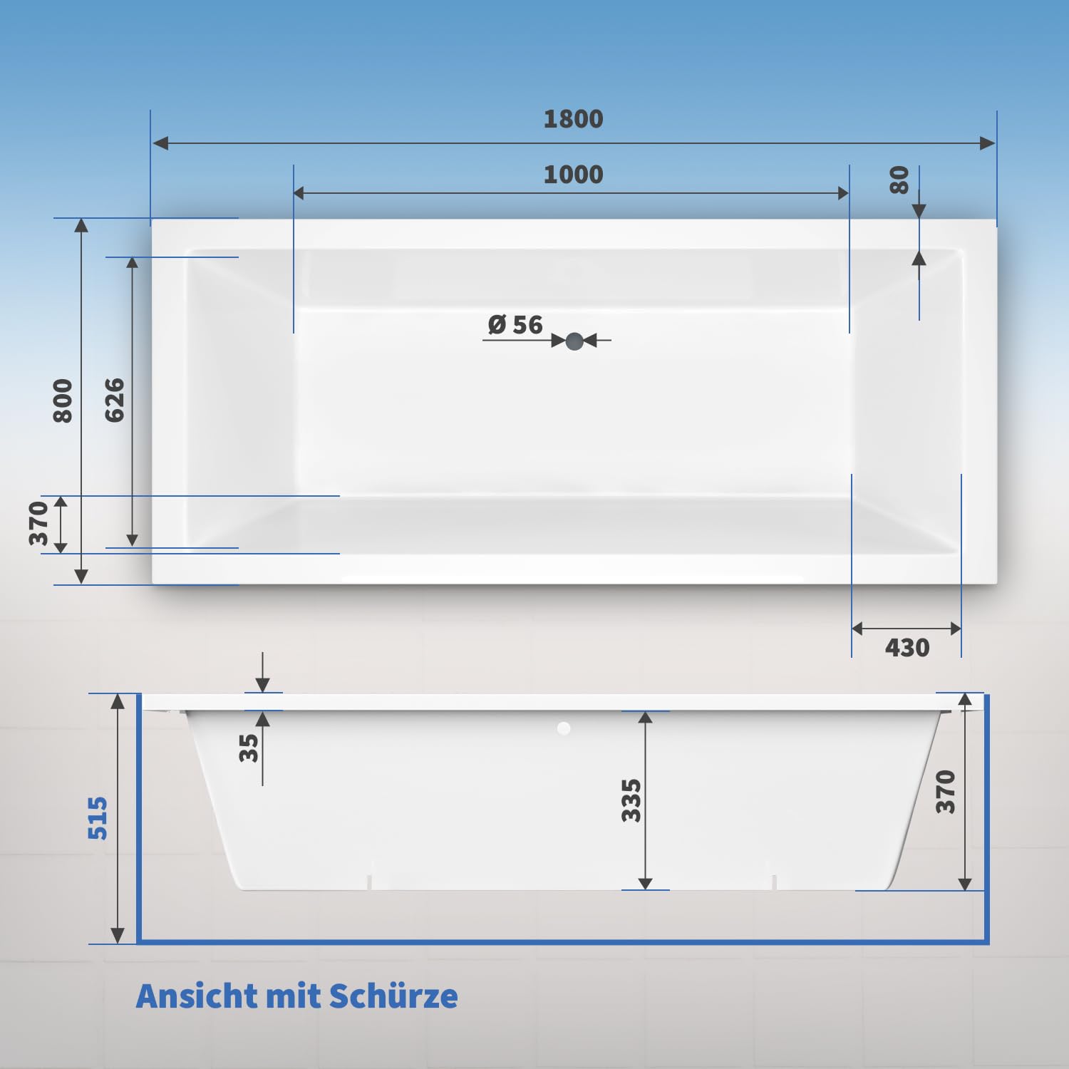 AQUADE Acryl Badewanne 180x80 Modell: Neu Ulm - Weiß Badewanne Komplettset 180x80 - Badewannen mit Wannenfüßen + Schürze + Wannenrandarmatur + Led