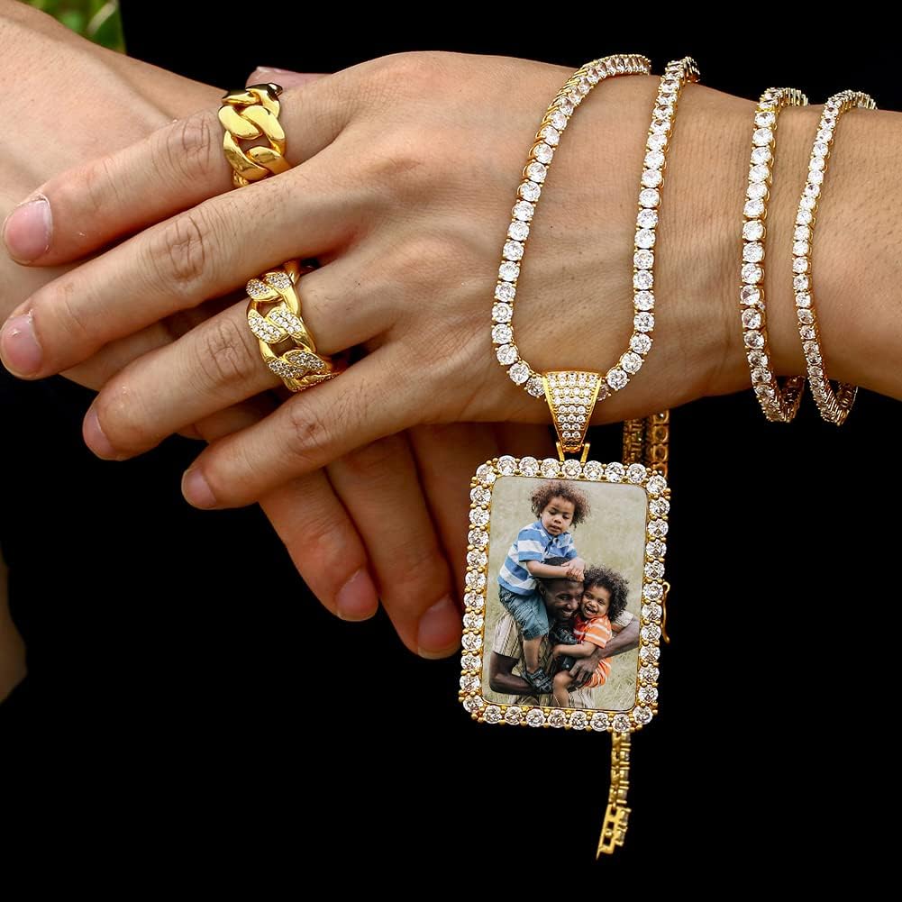 TUHE Custom Picture Necklace Personalized Hip Hop Iced out Heart Angle Wings Pendant Photo Necklace for Men Women Memory Chain Necklace Customized with Picture Rope/Tennis/Cuban Chain Necklaces