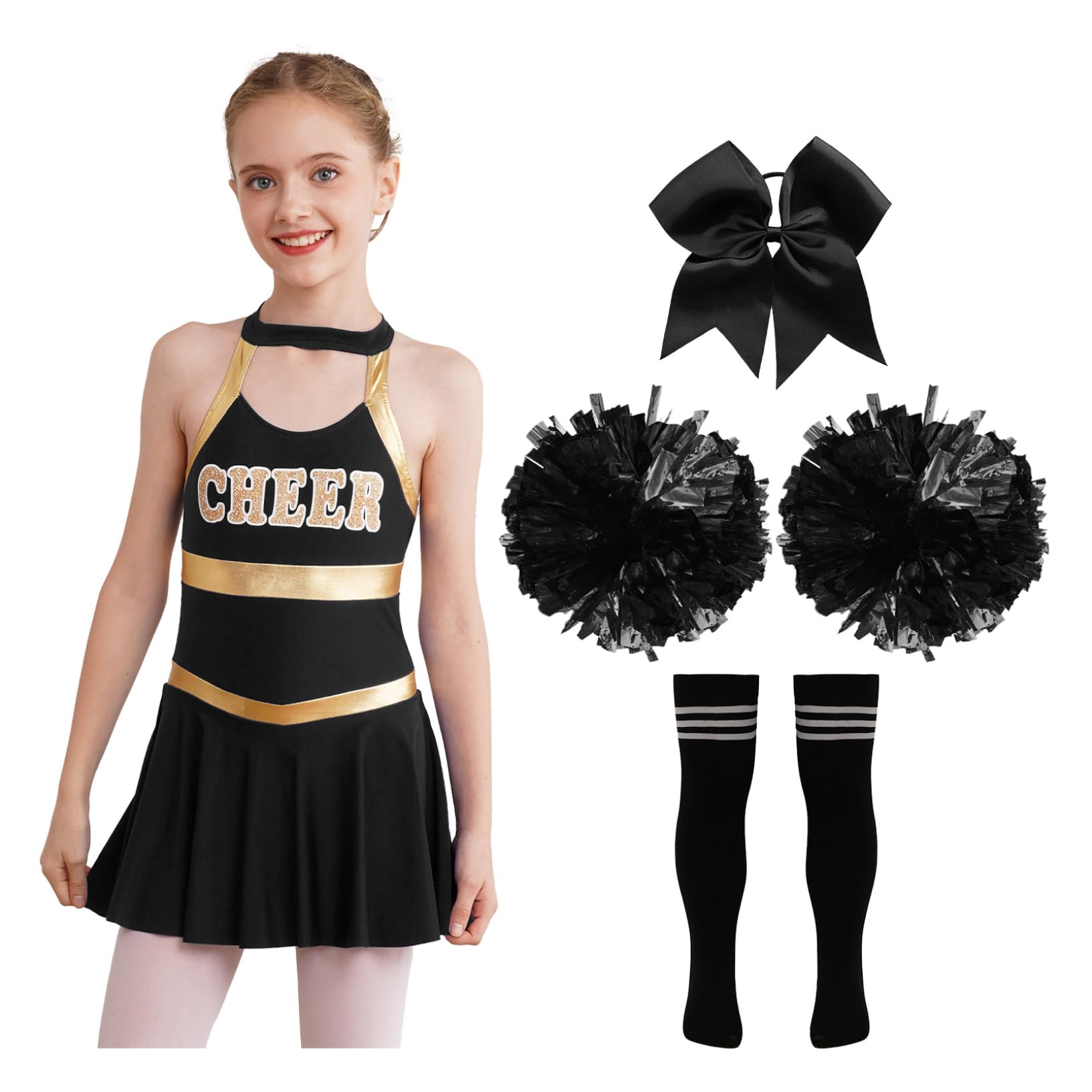 Kaerm Cheer Leader Costume for Girls Festival Cheerleading Outfits Halloween Carnival Party Fancy Dress Up B Black&White 11-12 Years