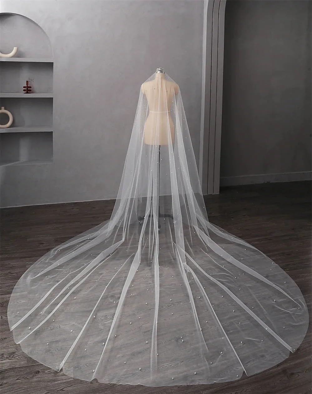 Schleier Braut,Schleier Lange Brautschleier 1 Lage Tüll mit Perlentüll Hochzeitsaccessoires(500cm)