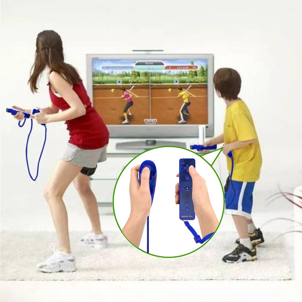 SONVIEE Manette de Wii Remote Controller avec Motion Plus et Nunchuck Contrôleur Joystick Télécommande de Remplacement pour Wii avec étui en Silicone et Dragonne (Rouge&Bleu)