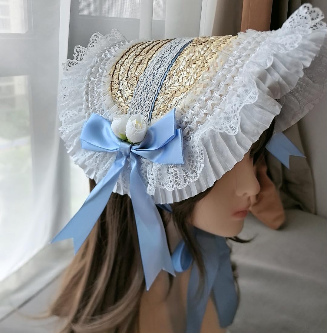 Vintage Women's Victorian Tea Party Lace Straw Hat Lolita Girls Flowers Bonnet Headdress - Image 5