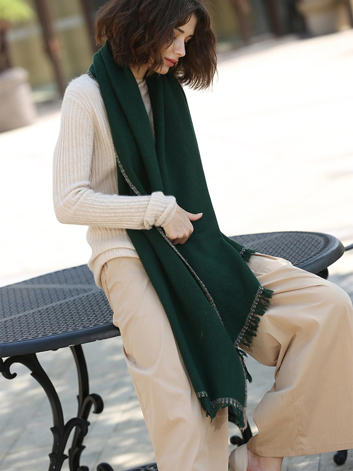 Mujer Cálido Bufanda Mantón de Lana con Borlas, Moda Largo Grande Manta Bufanda Chal Borla, 100% Lana Bufanda Chales Estola on Flecos para Noche Boda Viaje, Señoras Otoño Invierno Regalo Green F