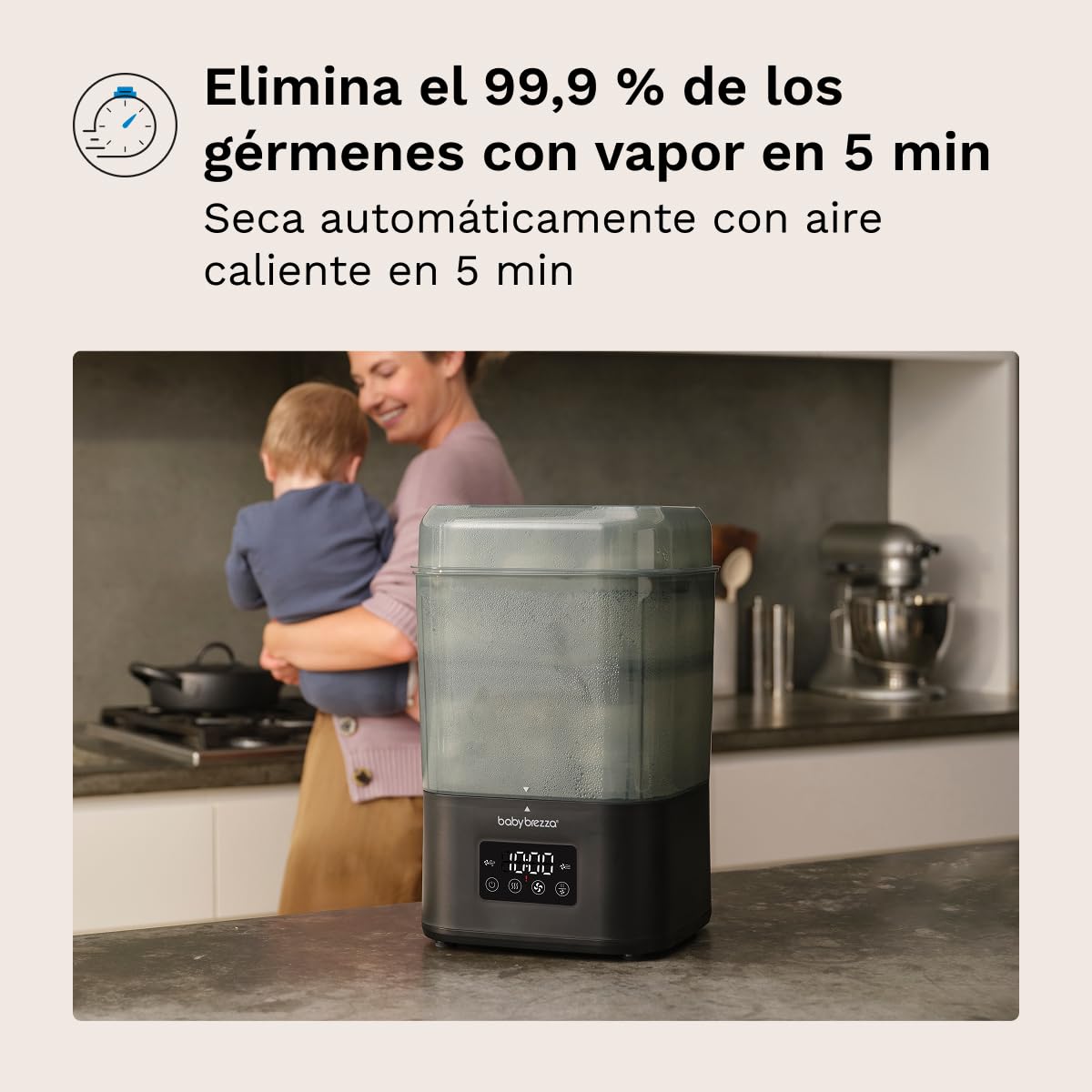 Baby Brezza SuperQuick Esterilizador y Secador en 10 Minutos (75% Más Rápido) | Mayor Capacidad para 8 Biberones y Piezas de Extractor | Esterilizador Eléctrico de Vapor | 4 en 1 (Negro) | Mantiene el contenido estéril hasta 48 horas