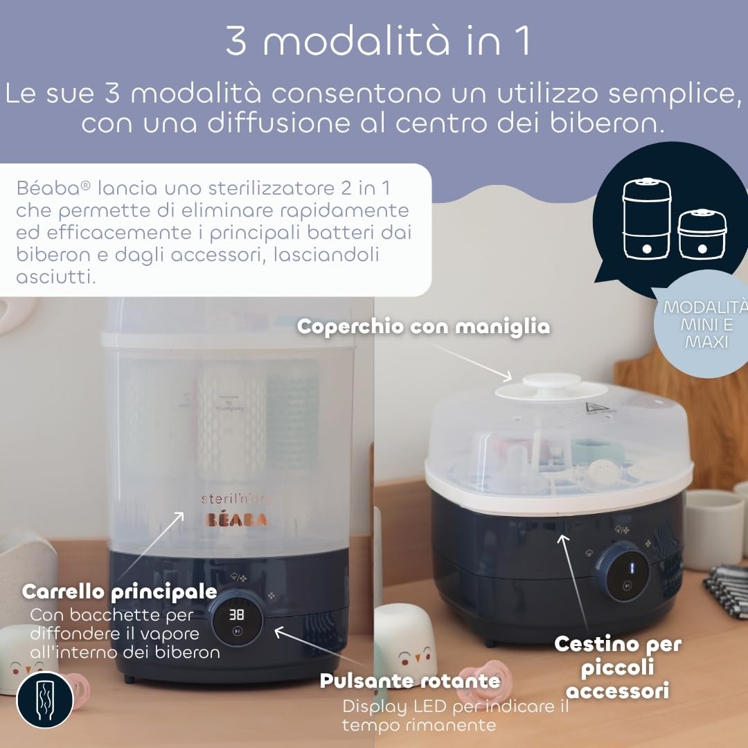 BEABA Sterilizzatore biberon e Asciuga per Accessori 2 in 1, 2 Scomparti, 3 Modalità Senza Filtro, Regolabile, Facile e Veloce, Steril'n'dry, Blu Notte