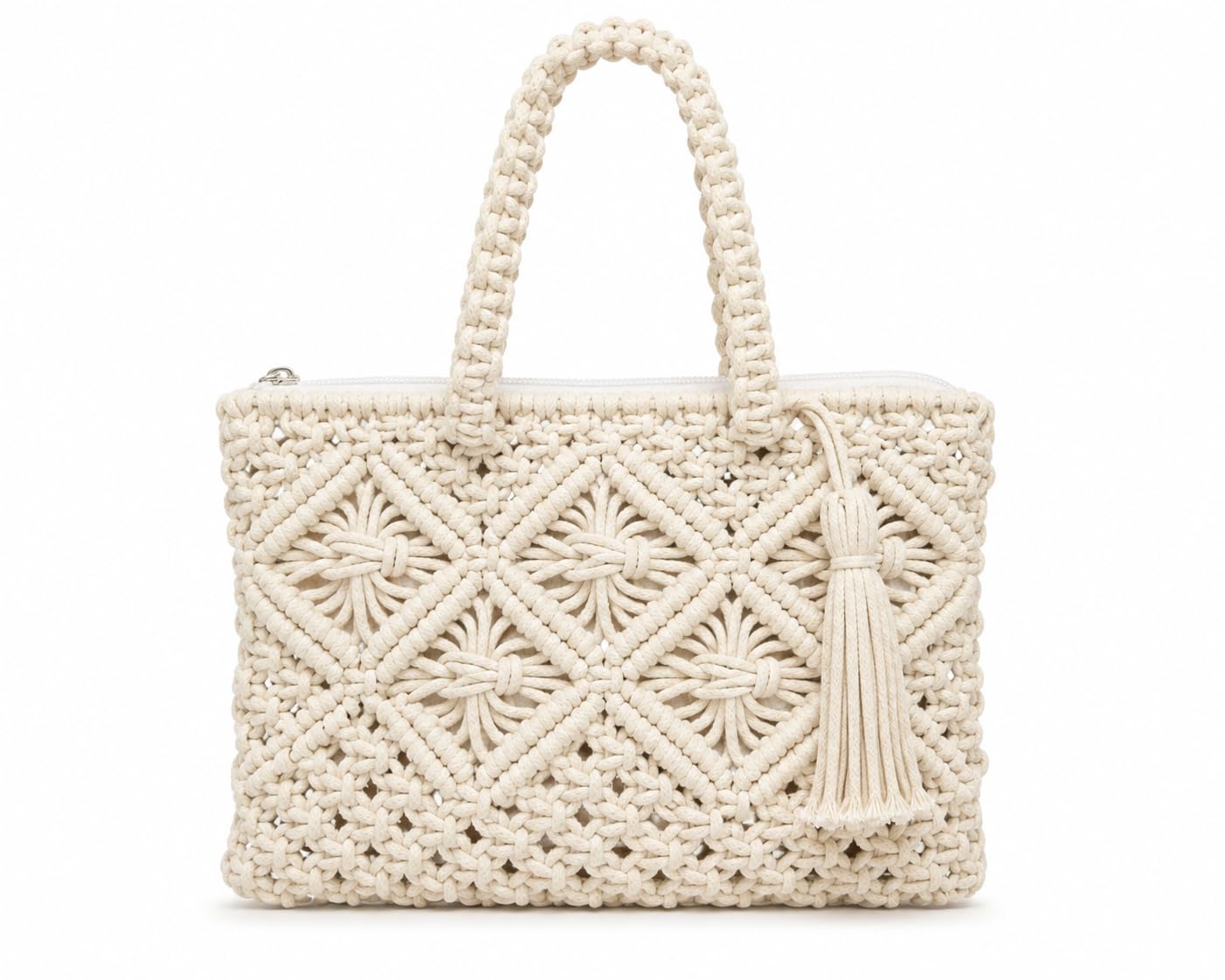 Creations Handmade Macrame Cotton Handbag for Women | Off White Handwoven Tote Bag with Zipper Closure & Tassel | Lightweight Daily Carry Purse-image-27