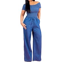 Sexyshine Womens Halter Lace Up Backless Casual Wide Leg Blue Denim Long Jumpsuit Playsuit Rompers With Belt