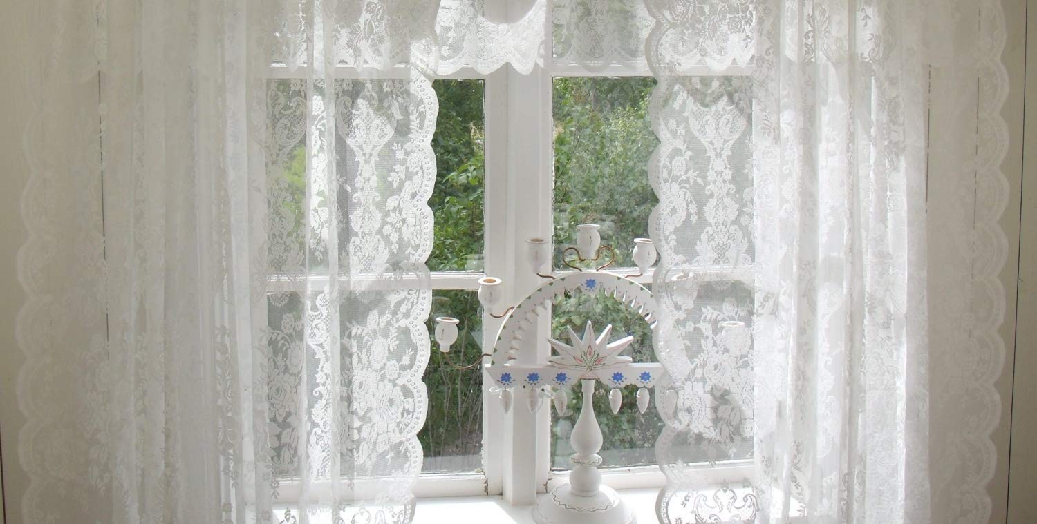 Offwhite Lucia Vorhang Spitzen Gardine Rosen 120x240 cm 2 Stück Gardinenshals Landhaus Shabby Vintag
