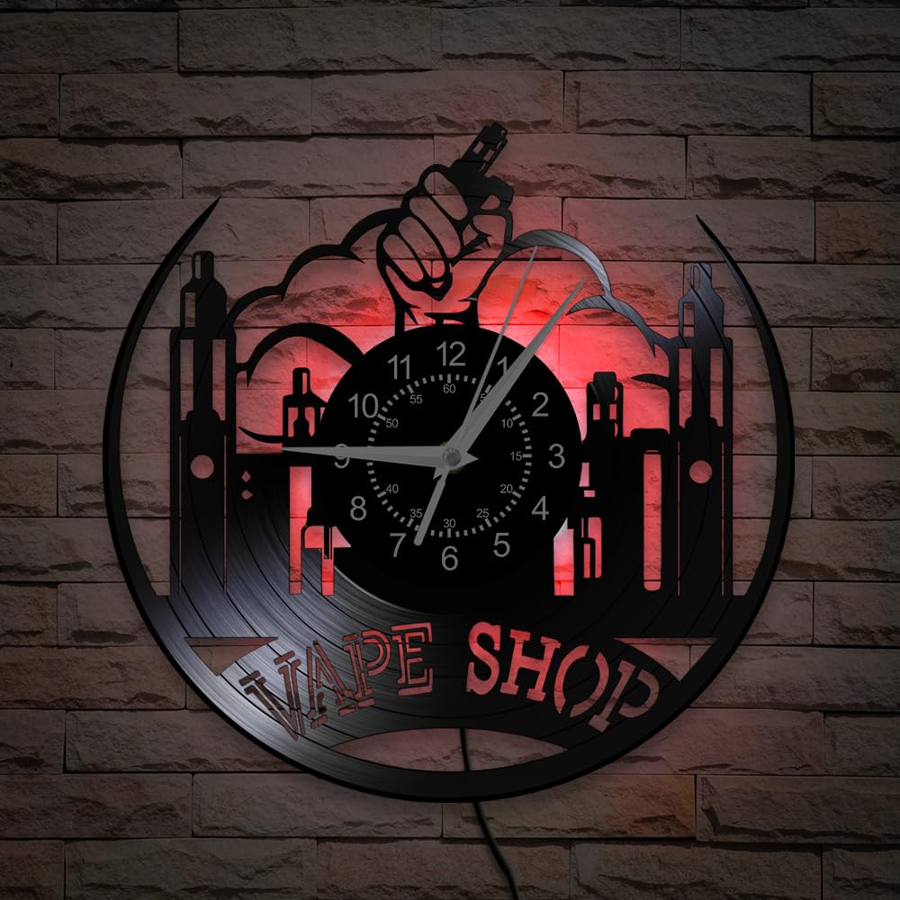 Amazon.com: TIMEGLOW 12 Inch Vape Shop Electronic Cigarettes Smoker Wall  Clock 7 Colors LED Lighted, Vintage Smoking Wall Clock Night Light Vinyl  Record Wall Watch Clock for Man Cave Vaping Bar Pub