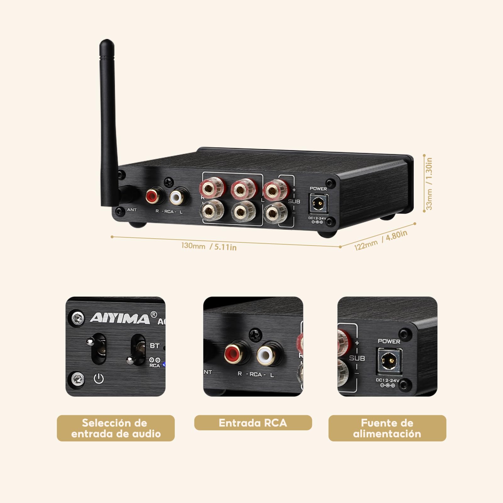 AIYIMA A03 TPA3116 Mini Amplificador de Potencia para Subwoofer Bluetooth 5.2 Estéreo Clase D de 2.1 Canales HiFi de Escritorio 50 W x 2 + 100 W Amplificador de Audio con 24 V CC
