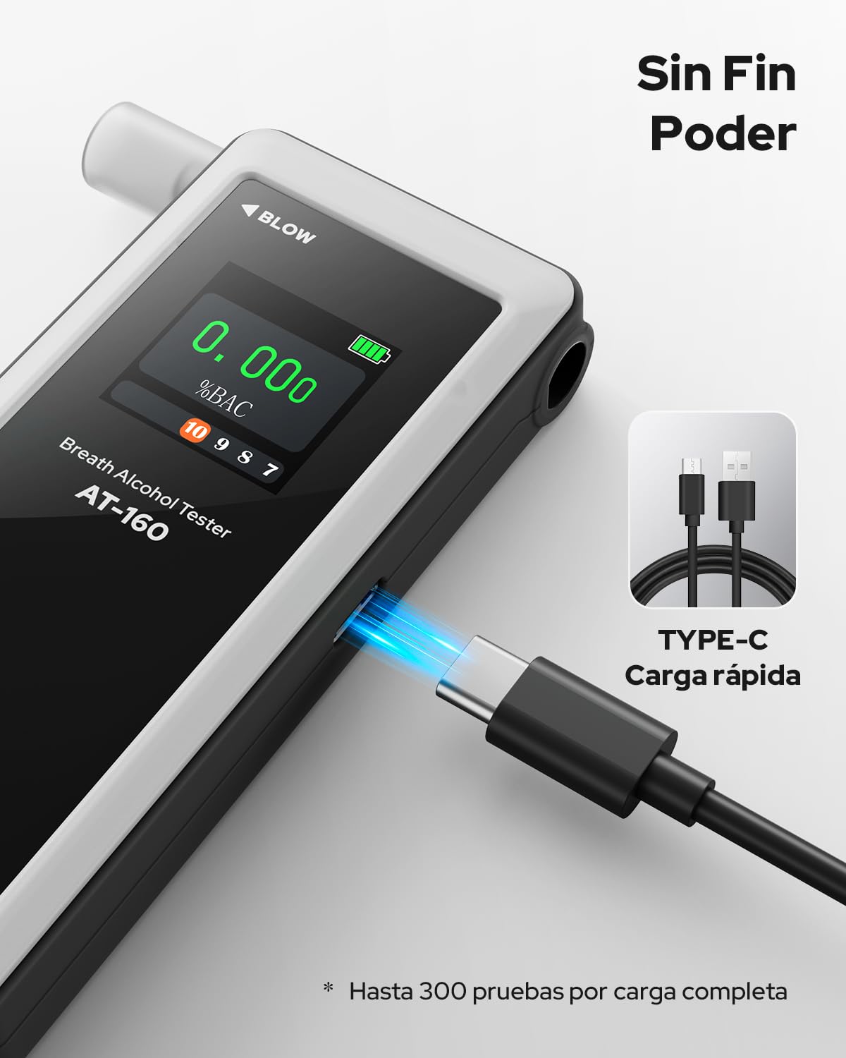 Alcoholímetro AT-160, Alcoholímetro de Alta Precisión con Umbral de Alarma Ajustable, Pantalla LCD, Memoria de Pruebas y 10 Boquillas Incluidas – Ideal para Uso Doméstico