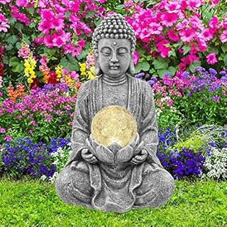 Goodeco Meditating Buddha Ornament with Solar Light,Zen Solar Garden Buddha Statue with Cracked glass ball sculpture-Indoor/Outdoor Decor Gifts for Balcony,Garden,Patio, Porch Yard Art,26.5cm(Grey)